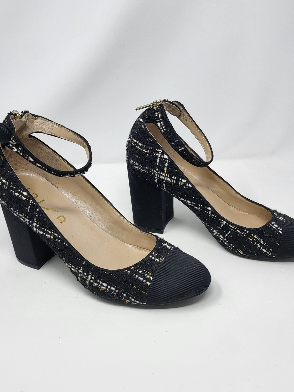 Unisa Black Tweed Ankle-Strap Block Heels